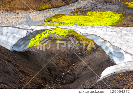 Lush green moss and glacier ice form stunning contrast in Icelandic landscape Lush green moss and glacier ice form stunning contrast in Icelandic landscape 129964272
