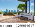 Modern contemporary outdoor living area with city view background 3d render 129964617