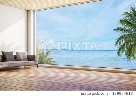 Modern contemporary style living room with sea view background 3d render 129964618