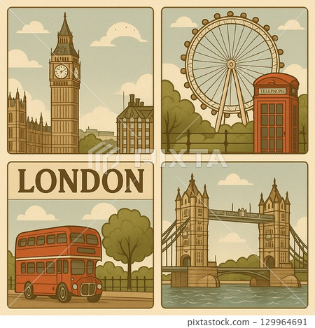 Tile-style illustration of London's famous sights 129964691