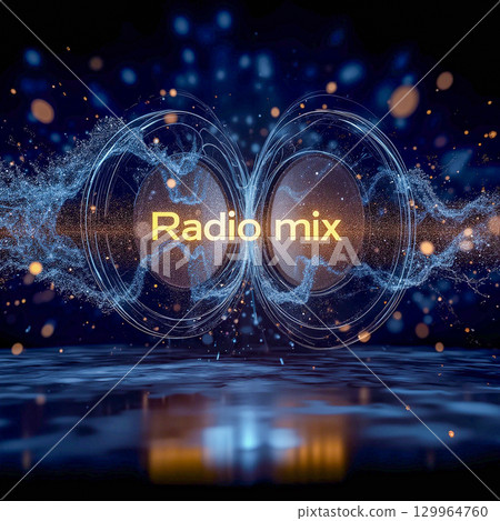 Image of sound bursts. Musical theme. The Radio mix  text appears in the center of the digital illustration, which is themed around a sound wave.  129964760