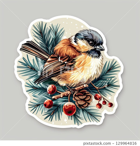 happy bird , new year sticker. Christmas illustration 129964816