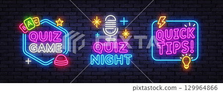 Set of glowing illustrations with catchy quiz titles: Quiz Game, Quiz Night, Quick Tips. Ideal for fun-themed designs Set of glowing illustrations with catchy quiz titles: Quiz Game, Quiz Night, Quick Tips. Ideal for fun-themed designs 129964866