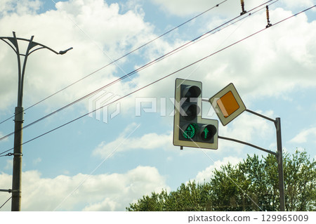 Traffic Light with Green Signal Against a Cloudy Sky 129965009