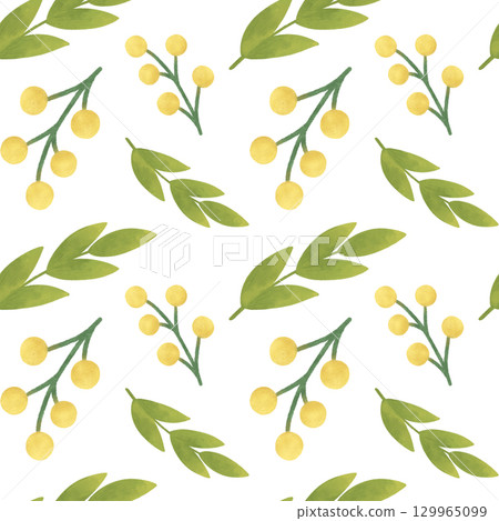 Seamless pattern with delicate spring colors twigs, leaves, blades of grass in green. Handmade illustrations, watercolors, pastels. a white background 129965099