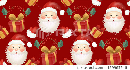 Seamless Christmas pattern with cute Santa faces, gifts, mittens, and holly leaves. Festive cartoon style in red, gold, and green. Perfect for wrapping paper, textiles, packaging, and holiday decor. 129965546