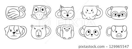 big set cute ceramic mugs with animal images, simple black and white vector icons, doodle and sketch style 129965547