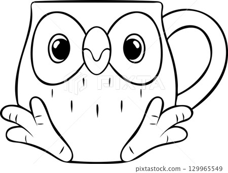 cute ceramic mugs with owl image, simple black and white vector icon, doodle and sketch style 129965549