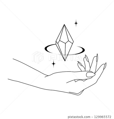 Mystic hand with floating crystal and stars, minimalist black line art on transparent background. Perfect for boho tattoos, witchy designs, logo elements, astrology apps and spiritual branding. 129965572