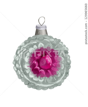 Silver Christmas tree toy with pink ornament, watercolor illustration 129965660