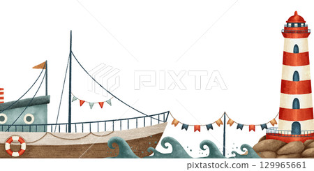 A charming and picturesque coastal scene featuring a beautifully designed lighthouse and a boat 129965661