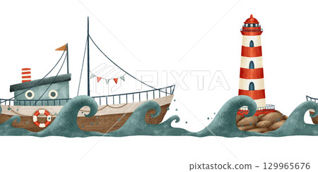 Charming and Whimsical Illustration of a Boat and Lighthouse amidst the Rolling Waves at Sea 129965676