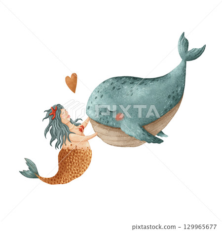 A Whimsical Illustration Featuring a Mermaid and a Whale in a Charming Aquatic Scene 129965677