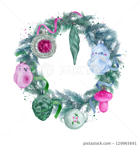 A New Year's wreath made of green spruce branches, decorated with antique Christmas tree toys. 129965691