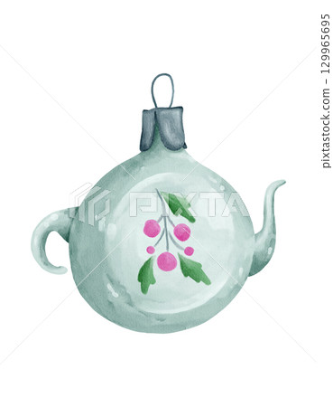 Small Teapot with Flower Decor Retro Christmas Tree Toy Watercolor Illustration Small Teapot with Flower Decor Retro Christmas Tree Toy Watercolor Illustration 129965695