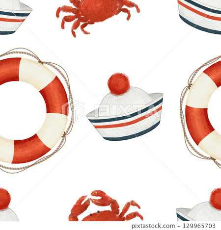 A Coastal Inspired Pattern Featuring Crab and Lifebuoy Elements for a Nautical Vibe 129965703