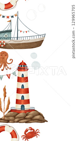 Charming and colorful Nautical Illustrations featuring a Lighthouse, Boat, and various Sea Creatures Charming and colorful Nautical Illustrations featuring a Lighthouse, Boat, and various Sea Creatures 129965705