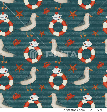Seagulls, lifebuoys, sailor's caps, crabs and starfish on seamless pattern. 129965706