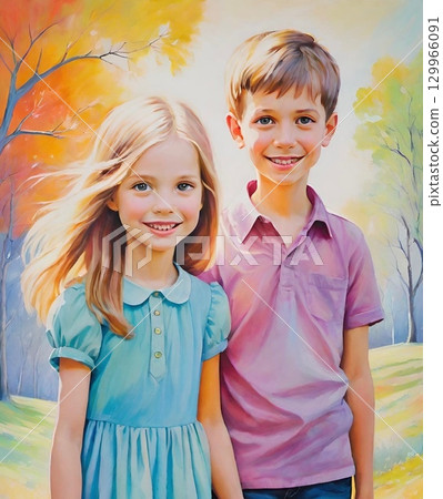 親密兄弟姊妹微笑合照的插圖 129966091