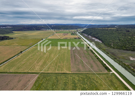 Aerial drone view of Mirna river valley. Istria, Croatia. Aerial drone view of Mirna river valley. Istria, Croatia. 129966119