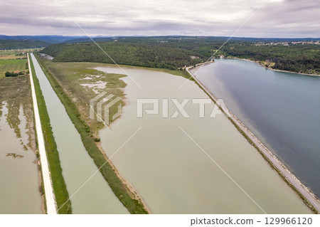 Aerial drone view of Mirna river valley. Istria, Croatia. 129966120