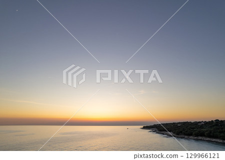 Aerial drone sunset view of Lanterna peninsula, Istria, Croatia. 129966121