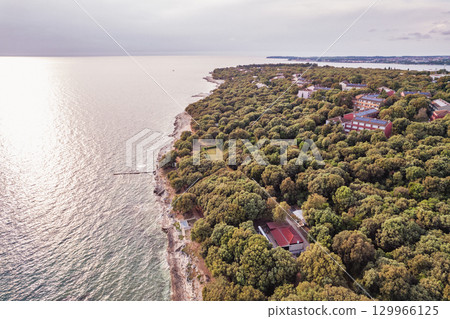 Aerial drone view of resort Lanterna peninsula. Istria, Croatia. Aerial drone view of resort Lanterna peninsula. Istria, Croatia. 129966125