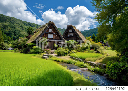 Shirakawago該死的建築學在稻田反射了 129966192