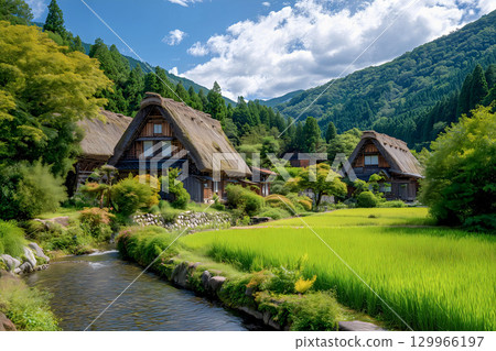 Shirakawago該死的建築學在稻田反射了 129966197