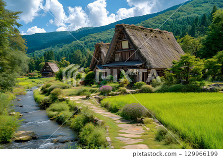 Shirakawago該死的建築學在稻田反射了 129966199