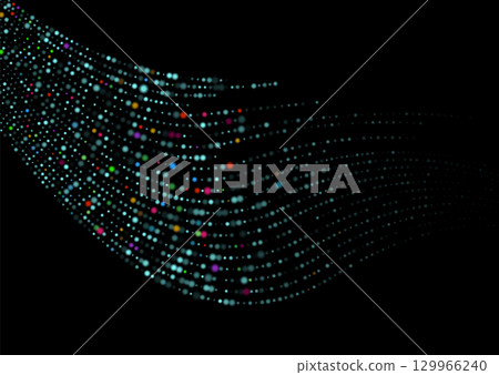 Colorful glowing dots forming dynamic wave pattern on black background 129966240
