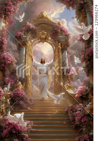 Spiritual illustration of Jesus Christ the Savior standing at the entrance to Paradise with its golden gates 129966274