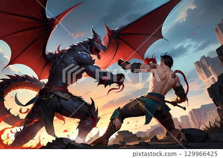RPG fantasy game jacket wind dragon and warrior battle scene 129966425