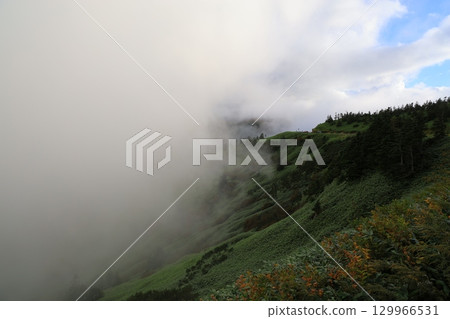 Mountain ridges shrouded in mist 129966531