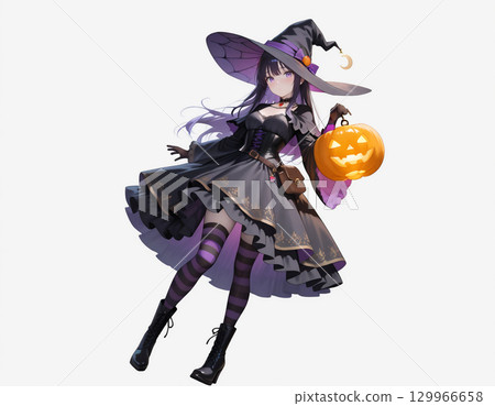Cute witch and jack-o'-lantern Halloween illustration 129966658
