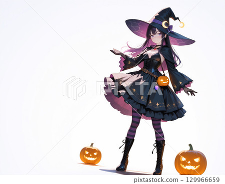 Cute witch and jack-o'-lantern Halloween illustration 129966659