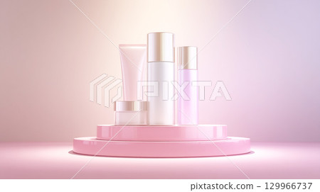 粉紅色底座上排列著護膚化妝品瓶 129966737