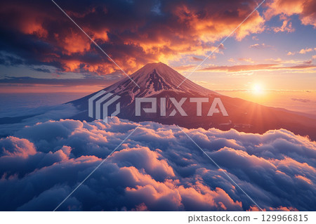 A spectacular view of Mt. Fuji floating in a sea of clouds and the sunrise 129966815