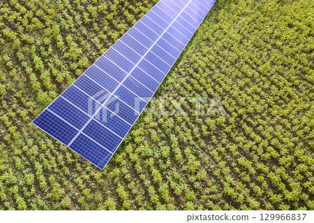 Blue solar panels for clean energy on green grass. 129966837