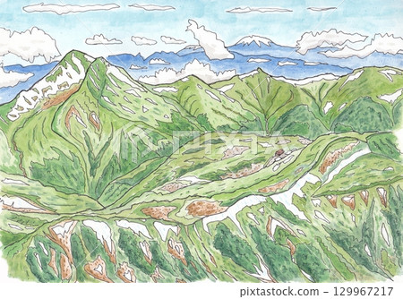 北阿爾卑斯山Mt. Kurokidake(Kurodake)山頂從黑峰五郎沙丘和Ununohei全景佛教山白山景觀 北阿爾卑斯山Mt. Kurokidake(Kurodake)山頂從黑峰五郎沙丘和Ununohei全景佛教山白山景觀 129967217