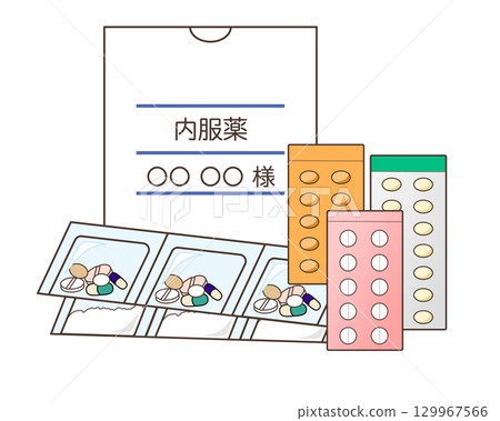 Illustration of a large amount of medicine, such as tablets and single-dose medicines, and a medicine bag 129967566