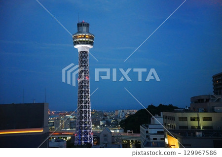 Yokohama Marine Tower illuminated at night near Yamashita Park Yokohama Marine Tower illuminated at night near Yamashita Park 129967586