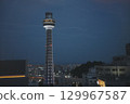 Yokohama Marine Tower illuminated at night near Yamashita Park 129967587