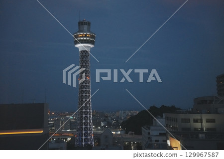 Yokohama Marine Tower illuminated at night near Yamashita Park Yokohama Marine Tower illuminated at night near Yamashita Park 129967587