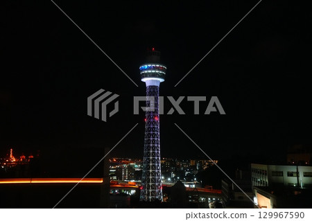 Yokohama Marine Tower illuminated at night near Yamashita Park 129967590