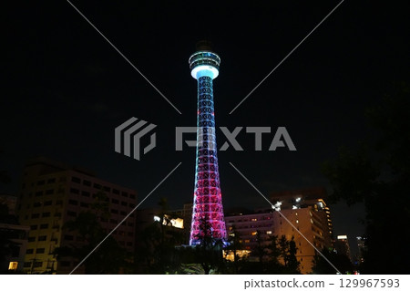Yokohama Marine Tower illuminated at night near Yamashita Park 129967593
