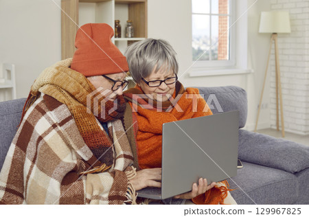 Senior couple in warm blankets watching video or having telemedicine call on laptop 129967825
