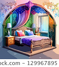 臥室的向量插圖，配有彩色床和令人印象深刻的裝飾 129967895