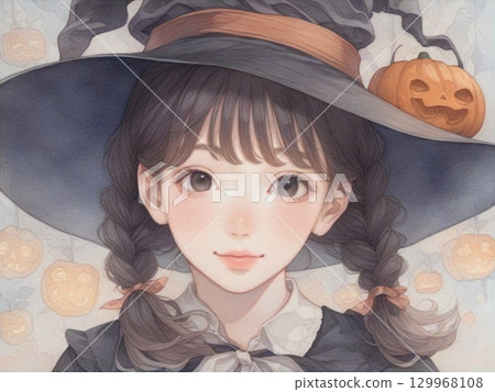 身著萬聖節服裝的女孩的水彩插圖 9 身著萬聖節服裝的女孩的水彩插圖 9 129968108