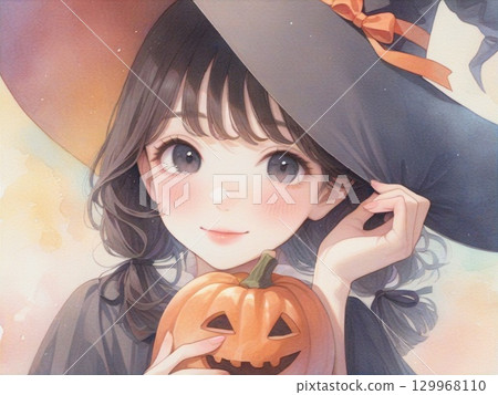 穿著萬聖節服裝的女孩的水彩插圖 7 129968110